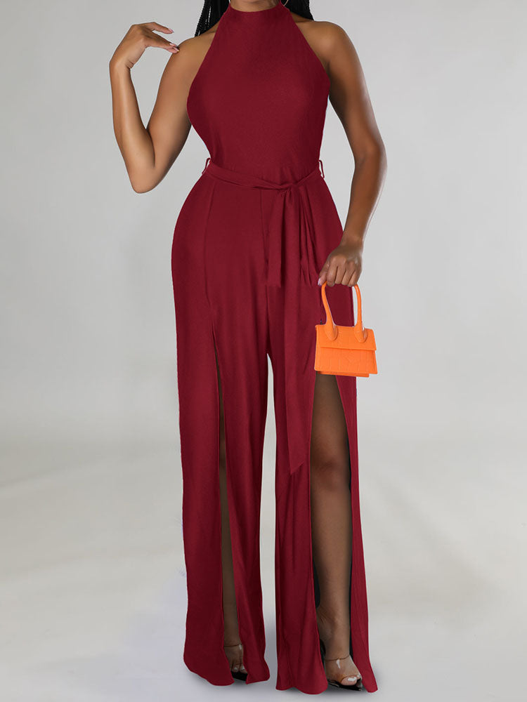 Sleeveless Off Shoulder Halter High Waist Split Jumpsuits