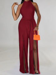 Sleeveless Off Shoulder Halter High Waist Split Jumpsuits