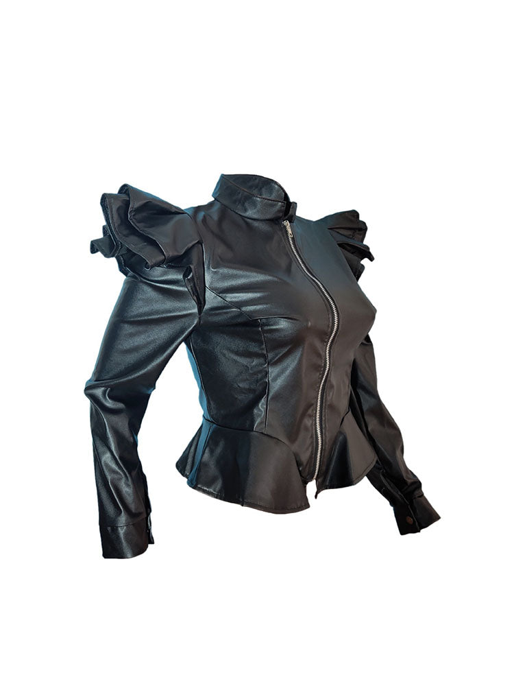 PU Leather Ruffle Long Sleeves Jackets