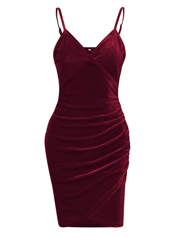 Velvet Spaghetti Strap Ruched Bodycon Mini Dresses