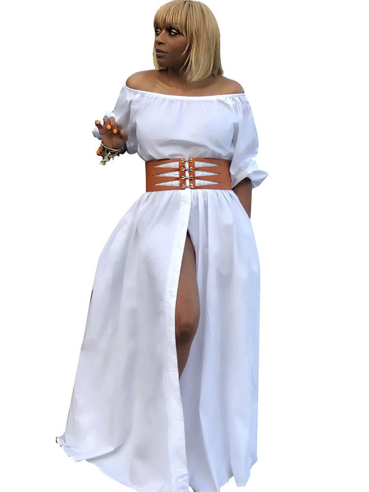 Off Shoulder Puff Sleeve High Slit Button Down Maxi Dresses