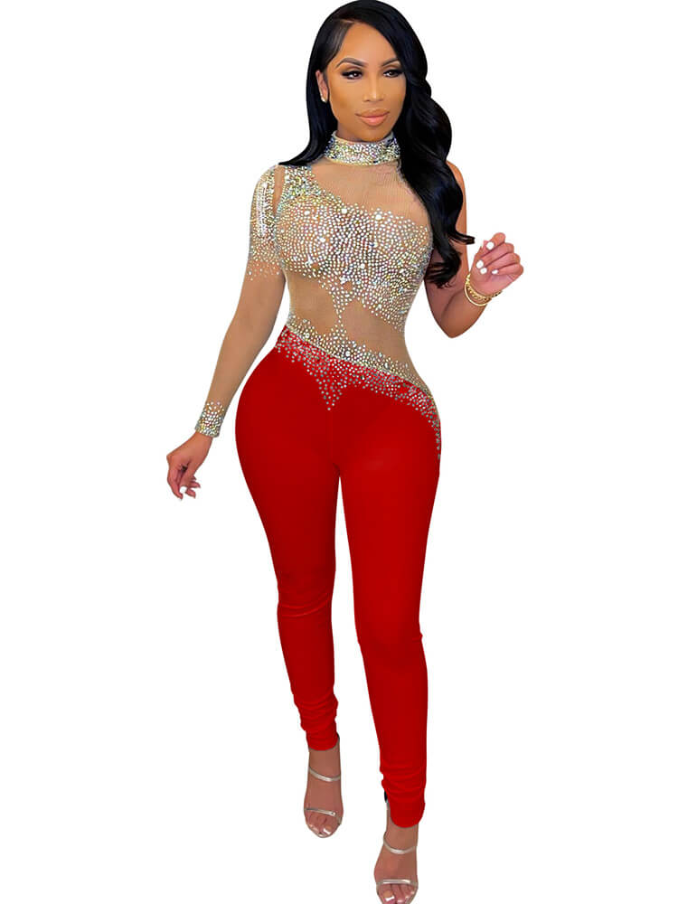 Rhinestone Mesh Patchwork Zip Up Bodycon Jumpsuits