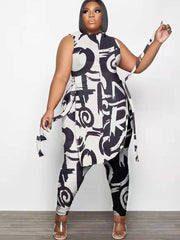 Plus Size Two Piece Figure Print Pant Suits