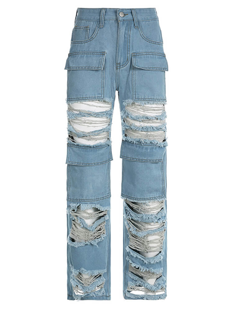 Hollow Out Straight Leg Distressed Jeans