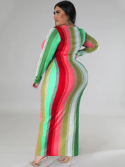 Plus Size Long Sleeve Color Block Maxi Dresses