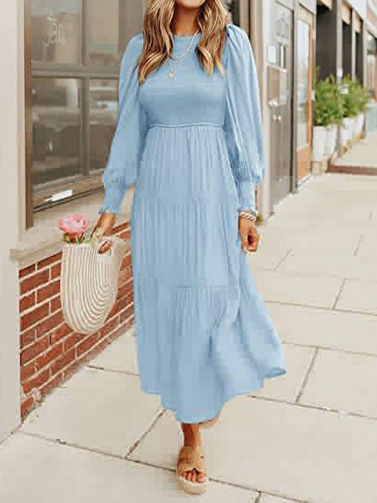 Long Sleeve Tiered Crew Neck Midi Dresses