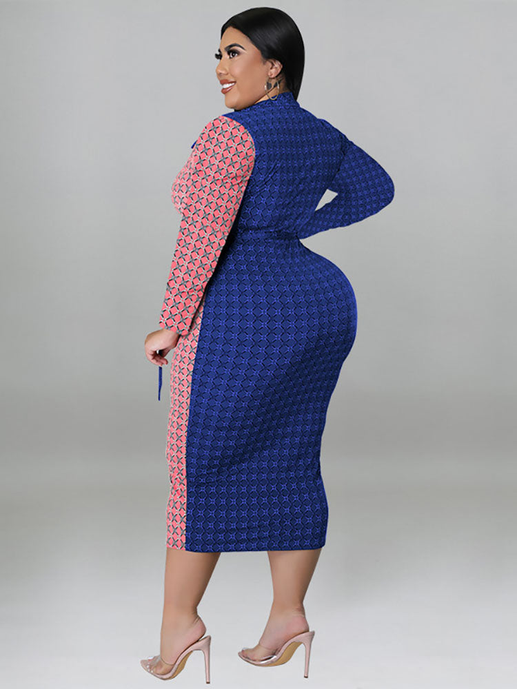 Plus Size Color Block Belted Midi Dresses