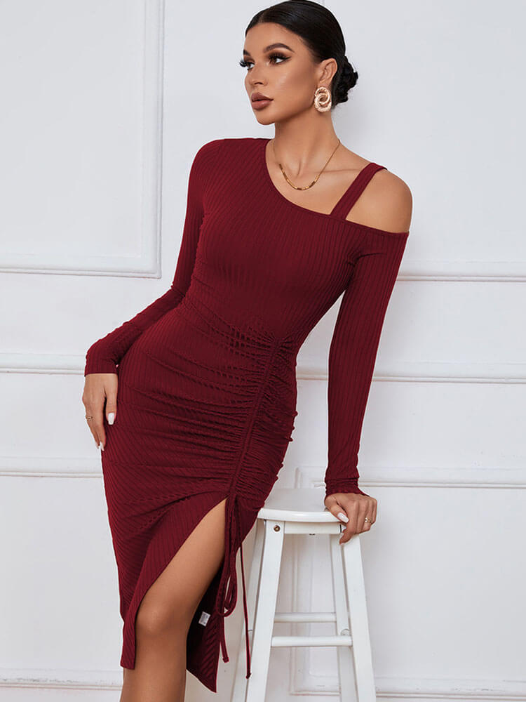 One Shoulder Ribbed Knit Drawstring Slit Midi Dresses