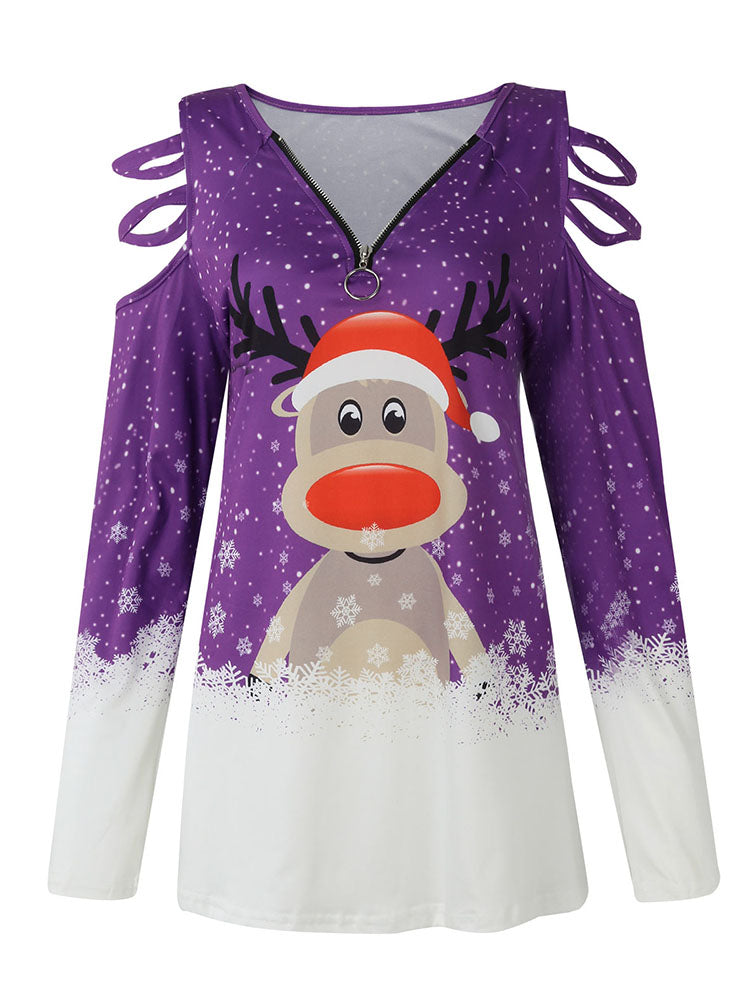 Christmas Plus Size Long Sleeves Elk Print Tops