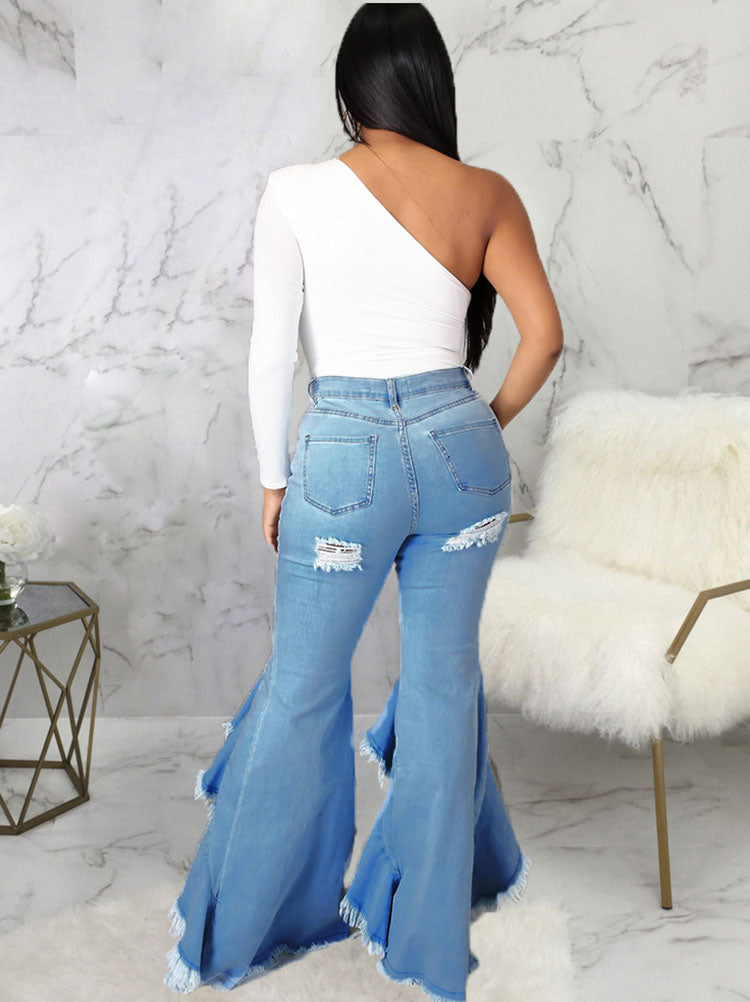 Denim Ripped Ruffle Hem Long Jeans