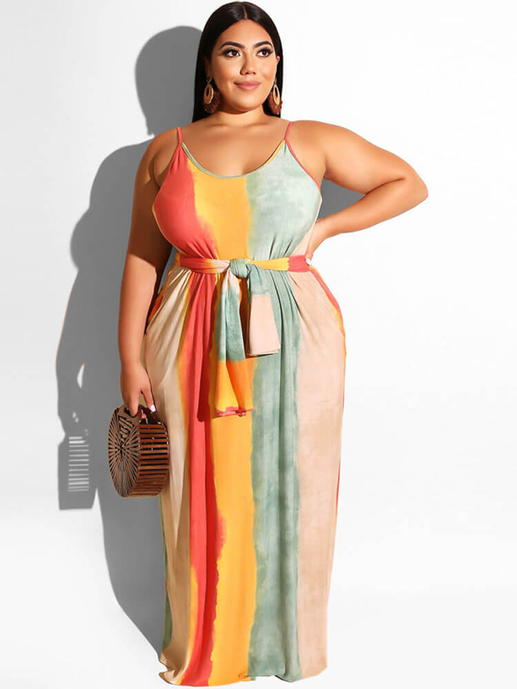 Plus Size Spaghetti Strap Striped Maxi Dresses