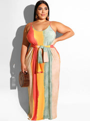 Plus Size Spaghetti Strap Striped Maxi Dresses