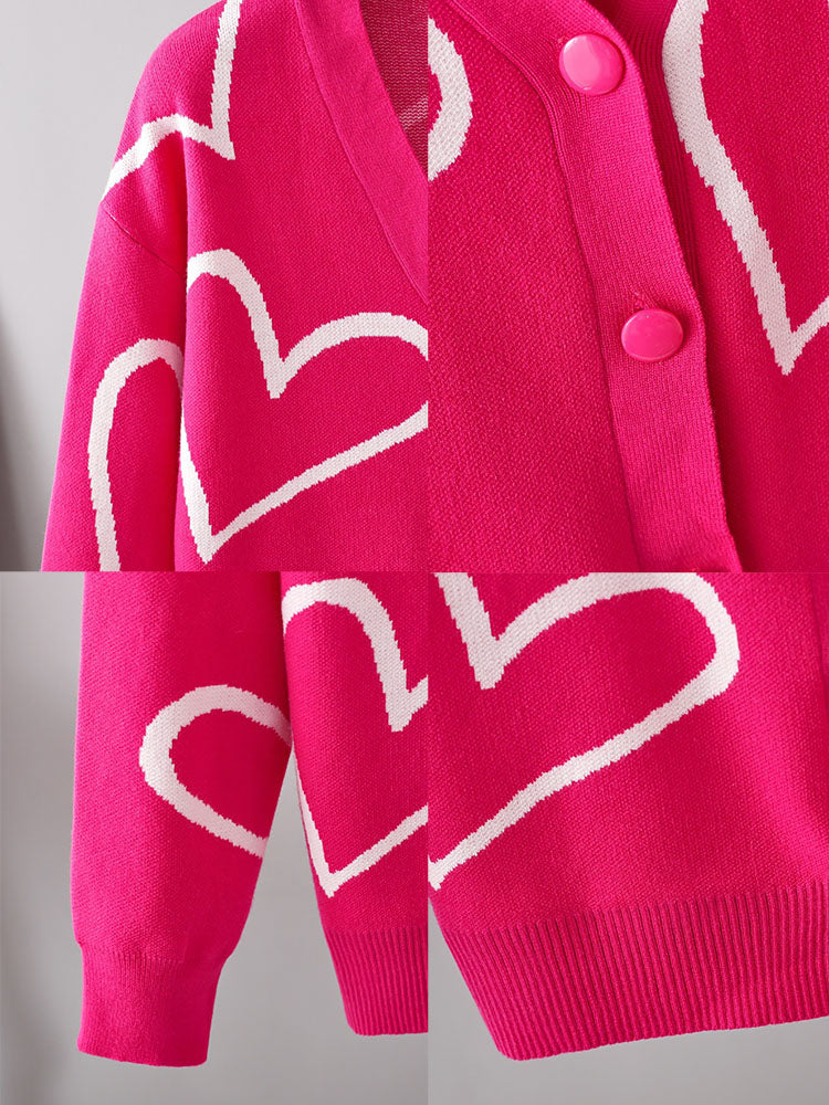 Long Sleeves Heart Print Ribbed Knit Coats