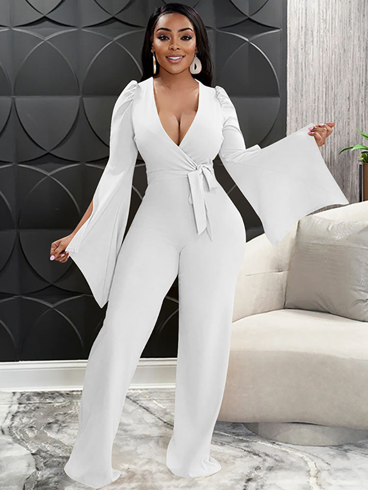 Long Sleeve Tie Up V Neck Jumpsuits