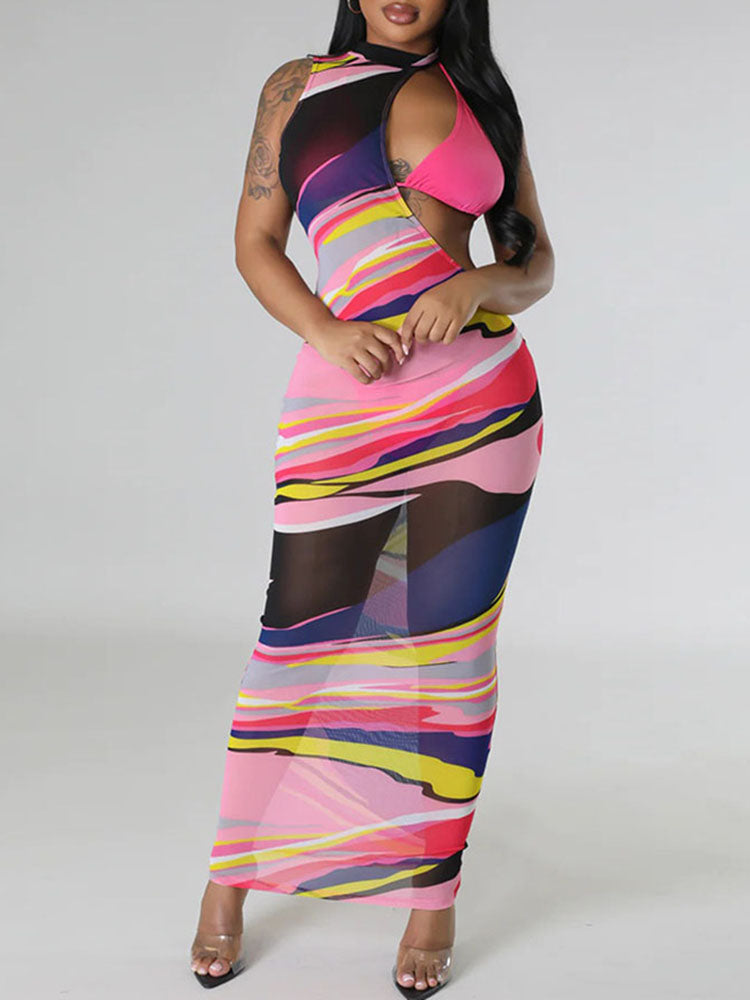 Irregular Print Mesh Maxi Dress with Bikini Set