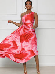 One Shouler Tie Dye Ruched Midi Dresses