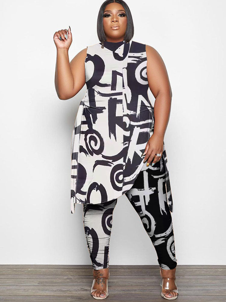 Plus Size Two Piece Figure Print Pant Suits