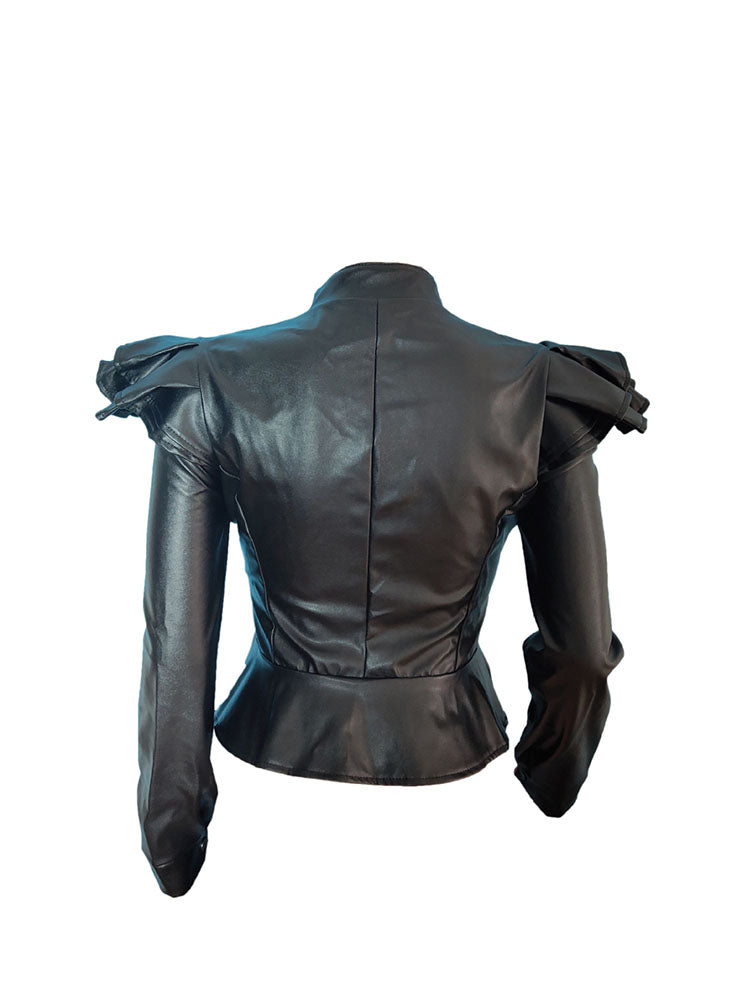 PU Leather Ruffle Long Sleeves Jackets