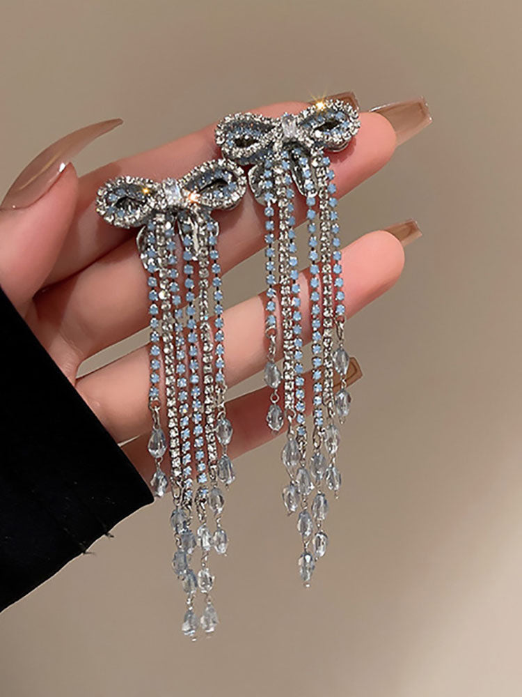 Rhinestone Butterfly Heart Tassel Earrings