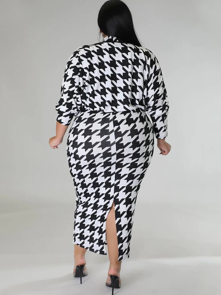 Two Piece Houndstooth Cardigan & Cut Out Midi Dresses