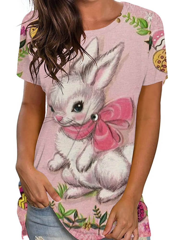 Plus Size Easter Short Sleeve Bunny Print T-shirt