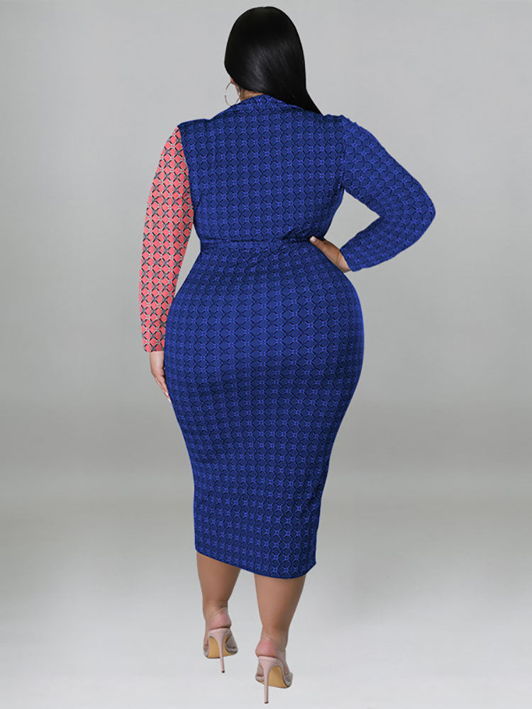 Plus Size Color Block Belted Midi Dresses