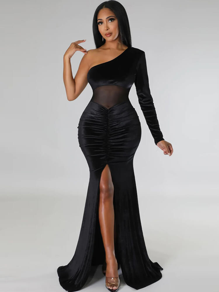 One Shoulder Mesh Patchwork Maxi Dresses