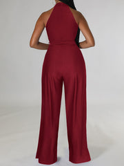 Sleeveless Off Shoulder Halter High Waist Split Jumpsuits