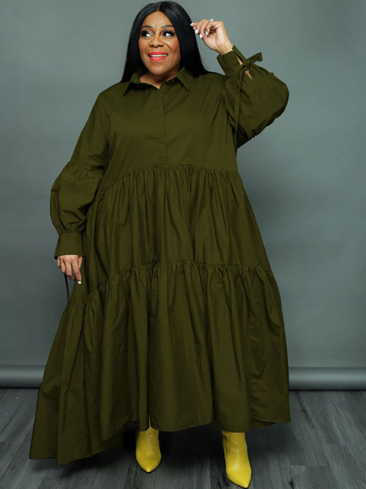 Plus Size Long Sleeves Ruffle Hem Maxi Dresses