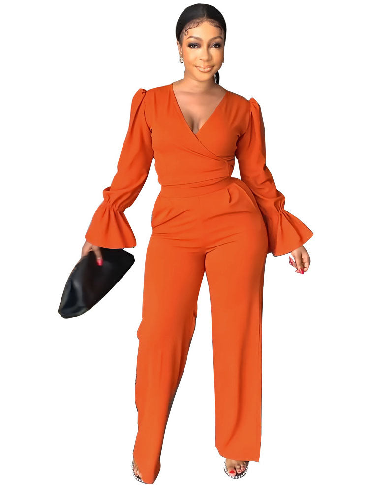 Tow Piece V Neck  Flare Sleeve & Long Pant