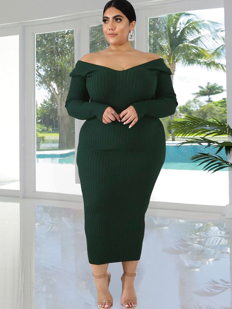 Ribbed Long Sleeves Midi Dresses