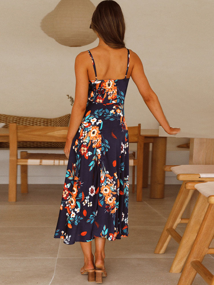 Floral Print V Neck Backless Maxi Dresses