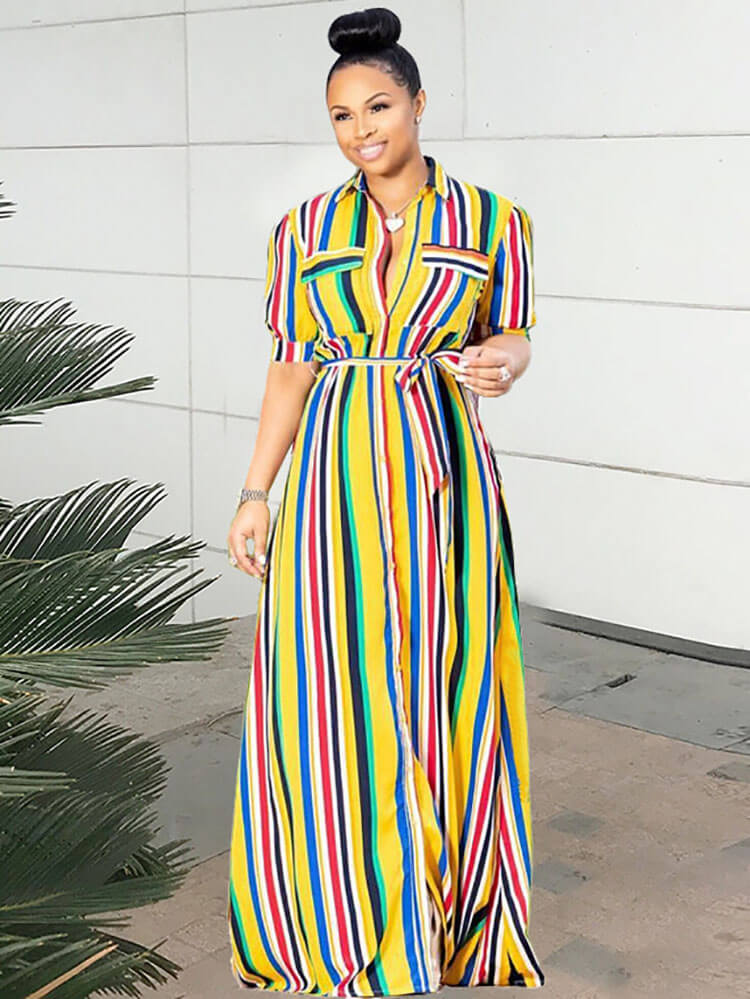 Striped Printed V Neck Maxi Dresses