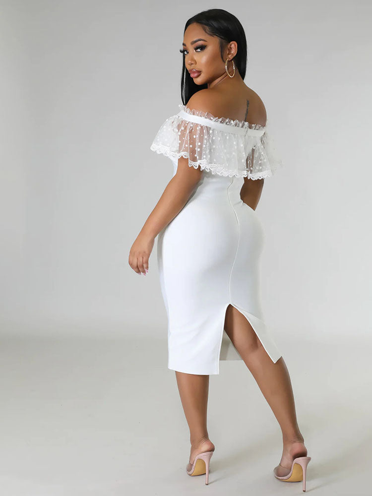 Off Shoulder Mesh Ruffle Split Midi Dress