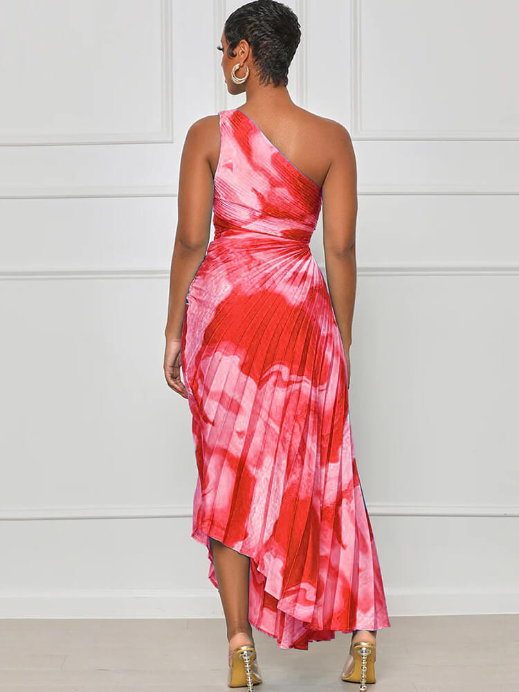 One Shouler Tie Dye Ruched Midi Dresses