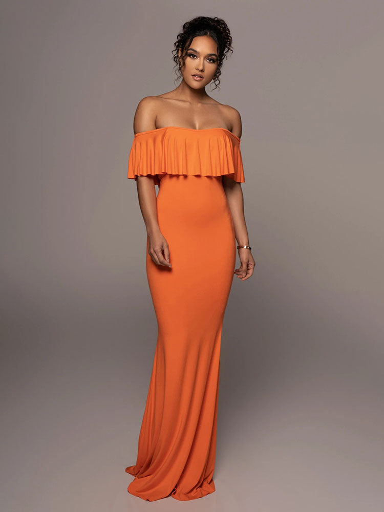 Off Shoulder Solid Ruffle Maxi Dresses