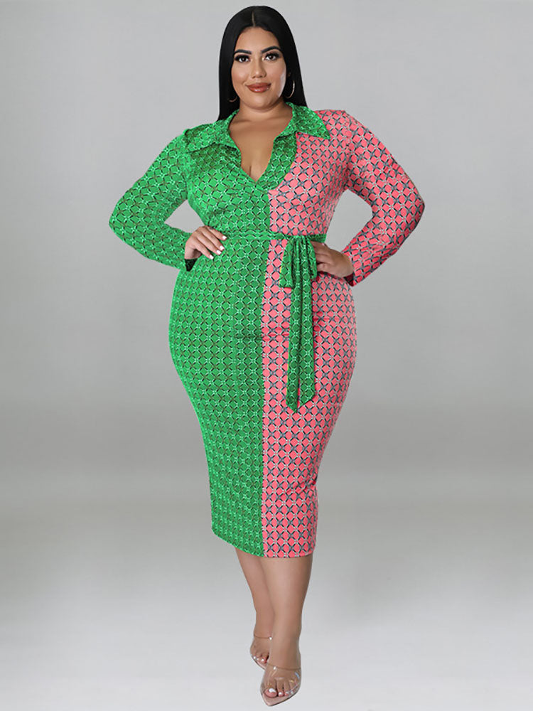 Plus Size Color Block Belted Midi Dresses