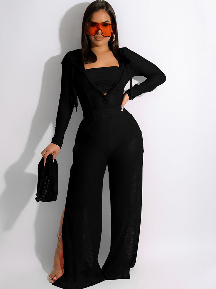 Three Piece Mesh Long Sleeve Pant Suits