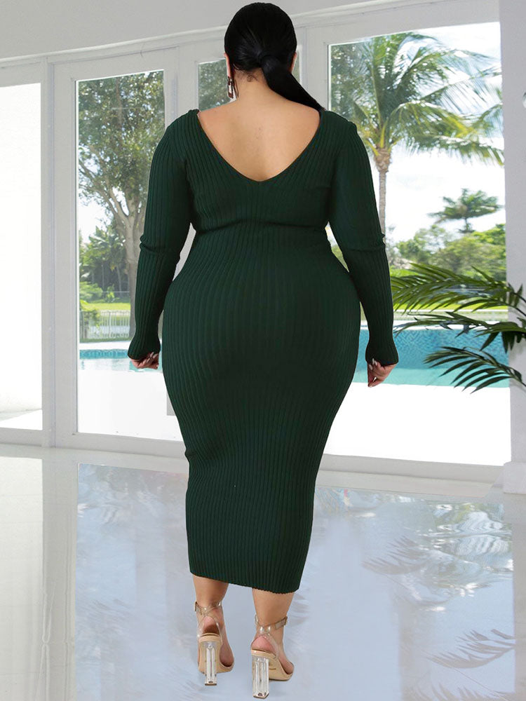 Ribbed Long Sleeves Midi Dresses