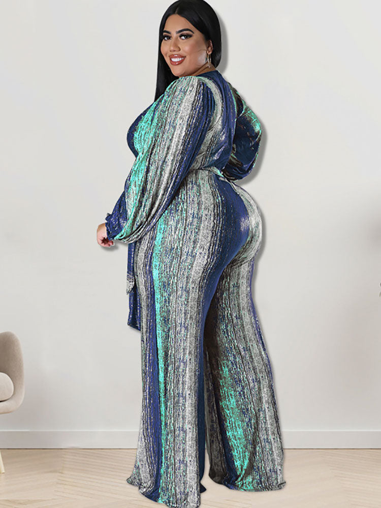 Plus Size Long Sleeves Tie Dyed Print Jumpsuits