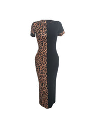 Short Sleeve Leopard Printed Patchwork Maxi Dress