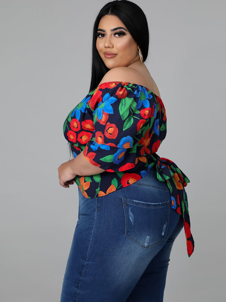 Plus Size Short Sleeve Floral Print Crop Top