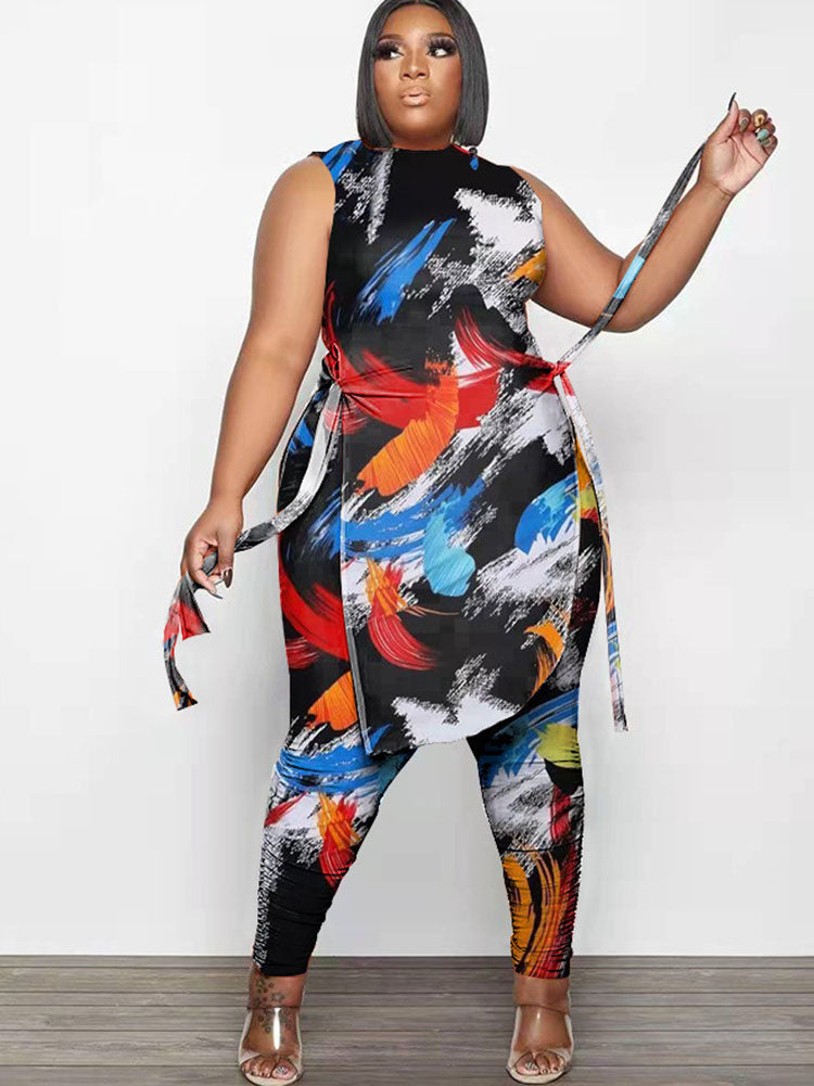 Plus Size Two Piece Figure Print Pant Suits