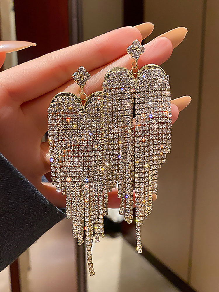 Rhinestone Butterfly Heart Tassel Earrings