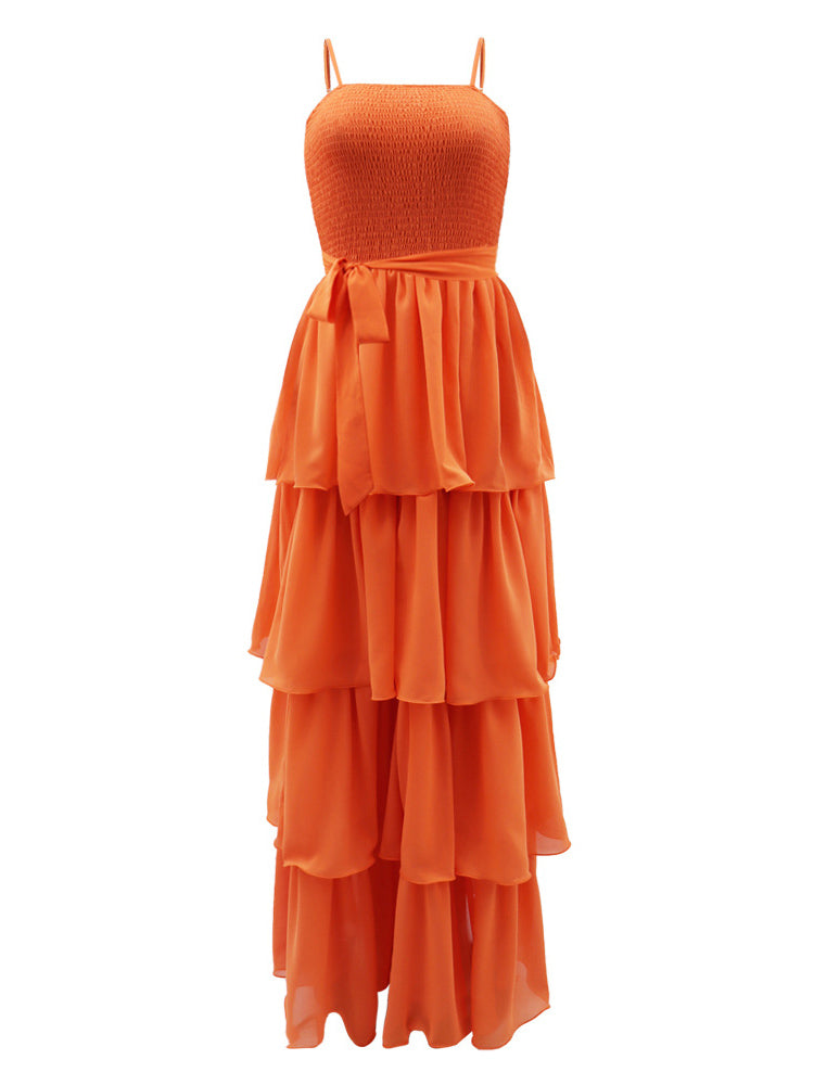 Chiffon Spaghetti Strap Ruffle Maxi Dress