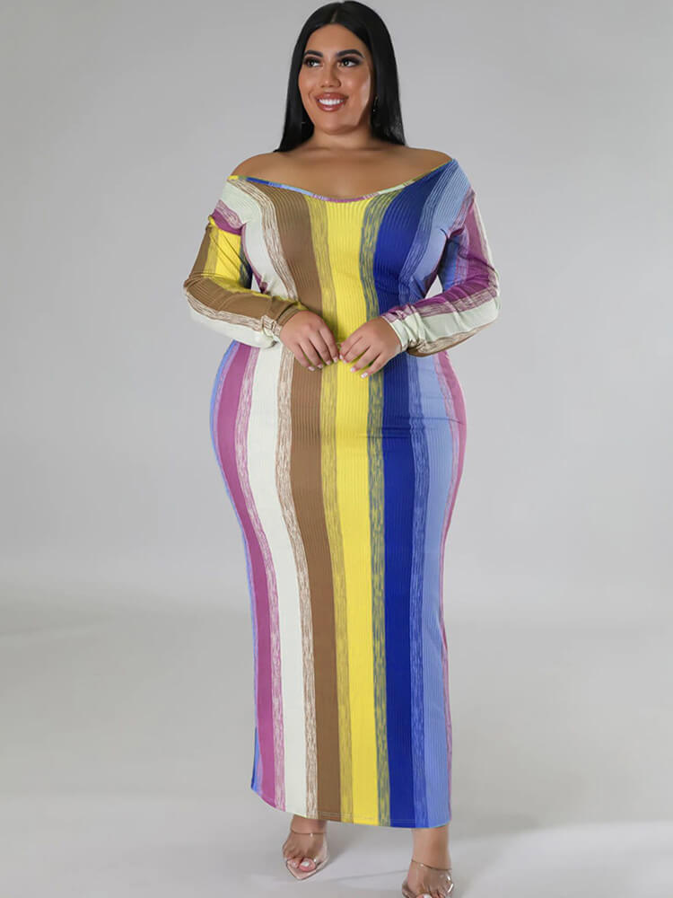 Plus Size Long Sleeve Color Block Maxi Dresses