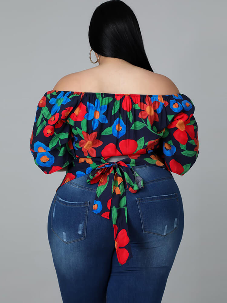 Plus Size Short Sleeve Floral Print Crop Top