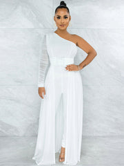 One Shoulder Mesh Patchwork Belted Jumpsuits