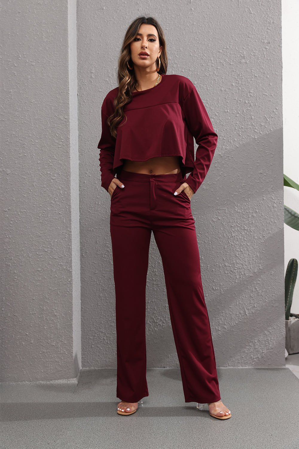 Two Piece Long Sleeve Crop Top & Pants