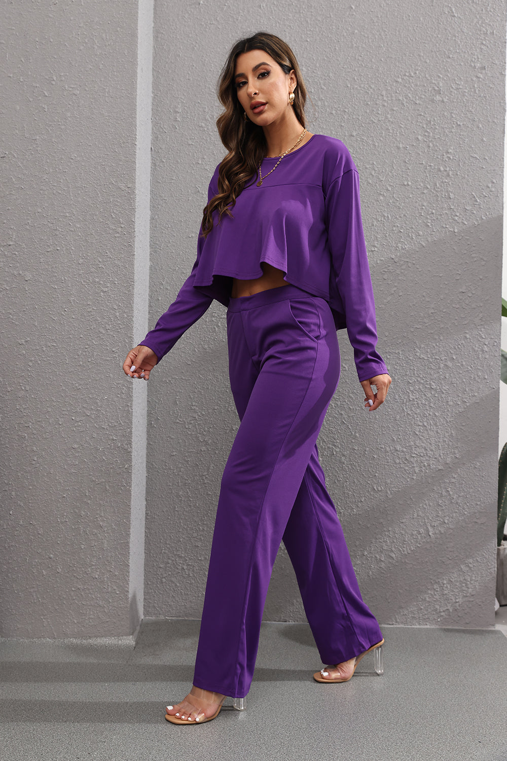 Two Piece Long Sleeve Crop Top & Pants